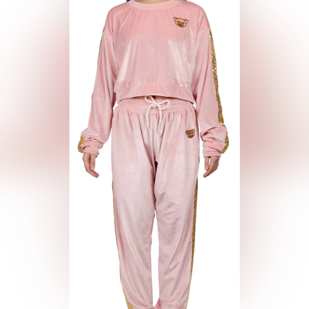 Leah Ashe velvet cropped crewneck and glitter joggers